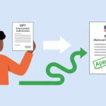 International student holding OPT employment authorization document, with arrow pointing to approved NIW (National Interest Waiver) green card — visual guide to applying for NIW while on OPT